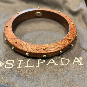 Silpada Studded Bangle Sterling Wood Bracelet Brass Crystals -0123